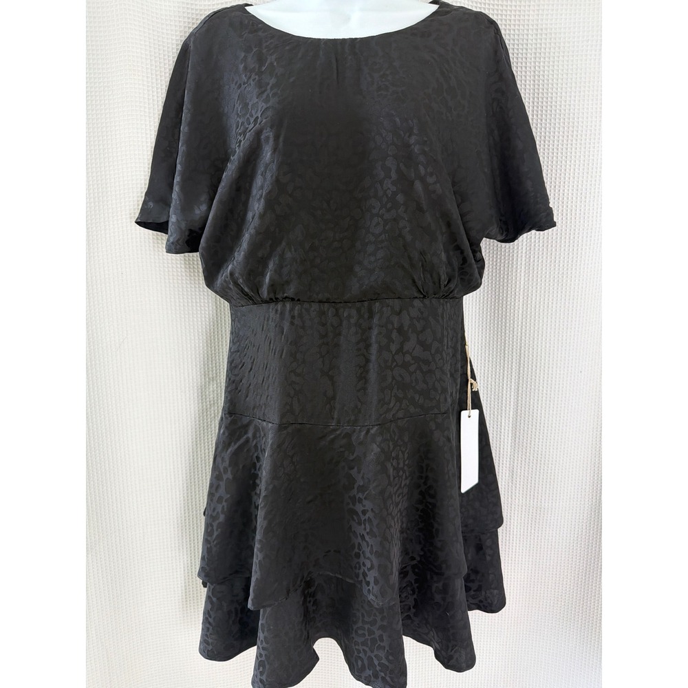 Harper Wren Black Leopard Jacquard Tiered Mini Dress Open Back NWT Large